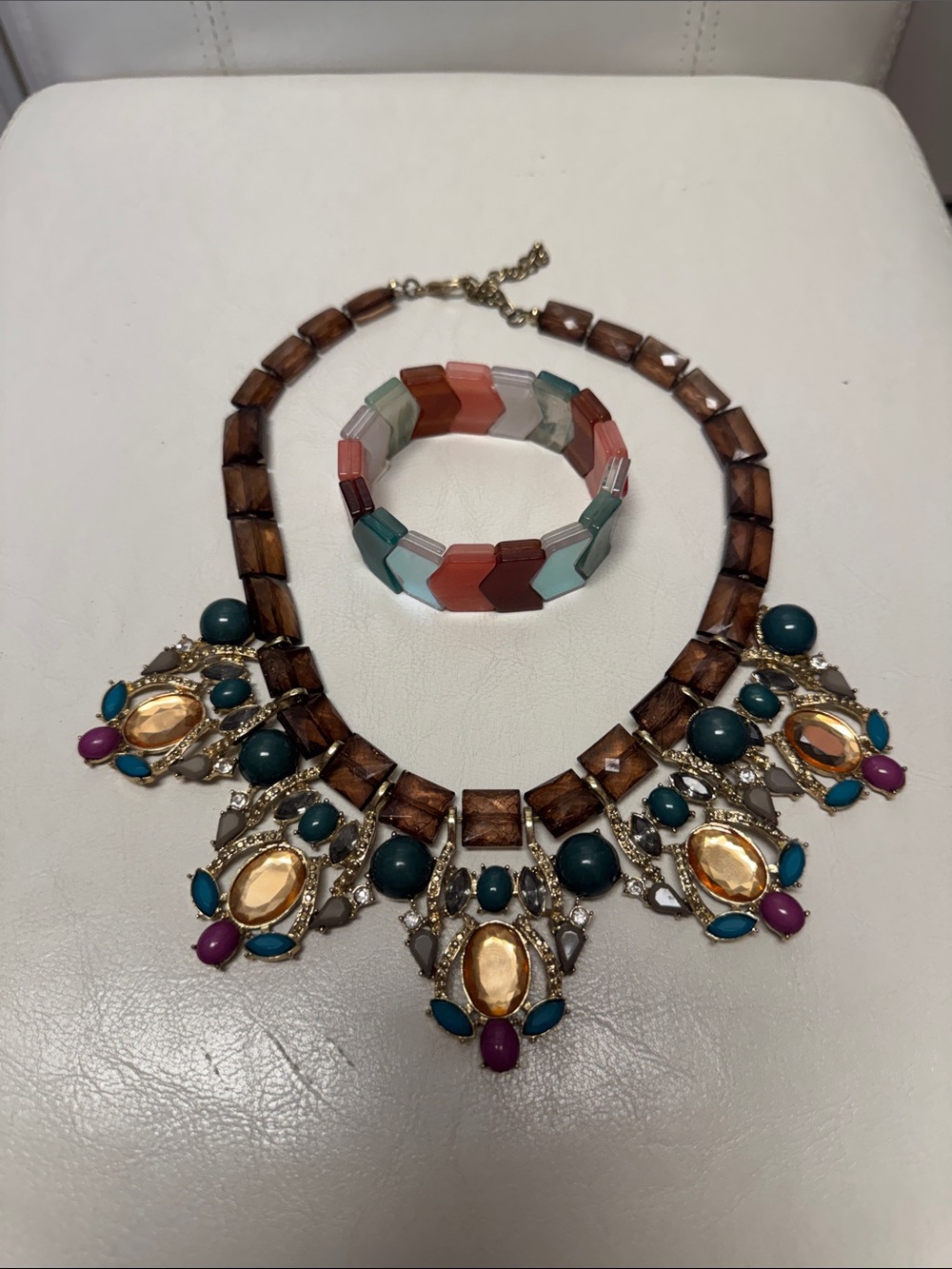 Multicolor Statement Necklace and Bracelet Set - Gold, Teal, Pink Accents
